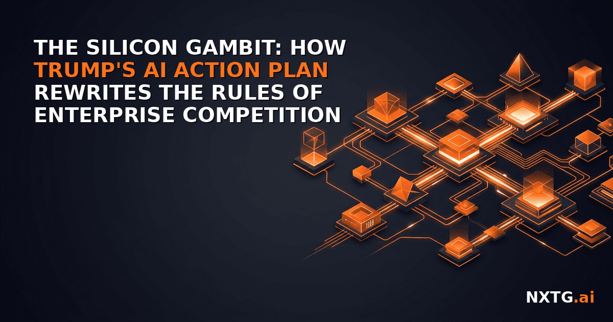 An isometric circuit board of glowing orange policy blocks rewiring enterprise pathways.