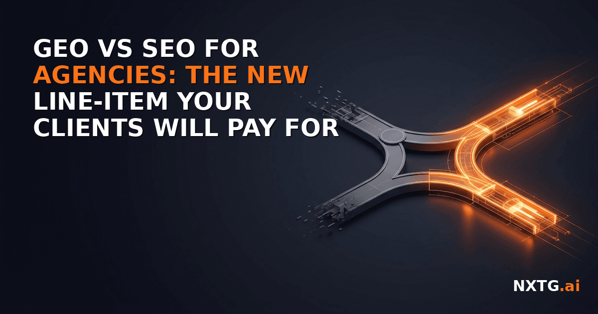 A glowing orange crossroads of network paths marking the GEO-versus-SEO split.